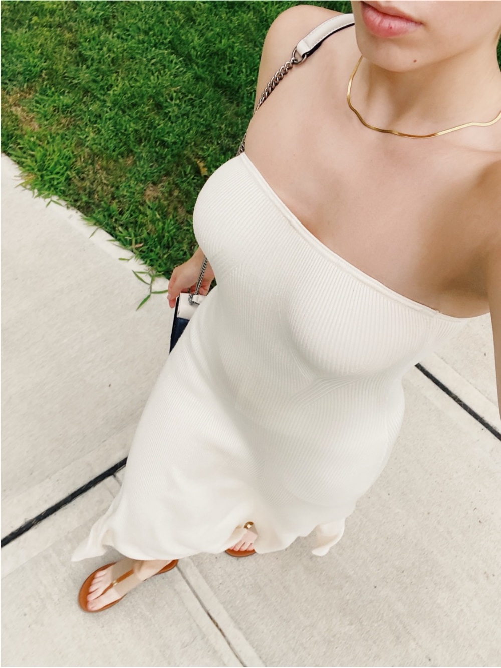 H&M Strapless Ribbed Knit Midi Dress in Cream